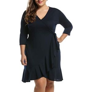 Navy Blue Wrap Dress 3/4 Sleeves